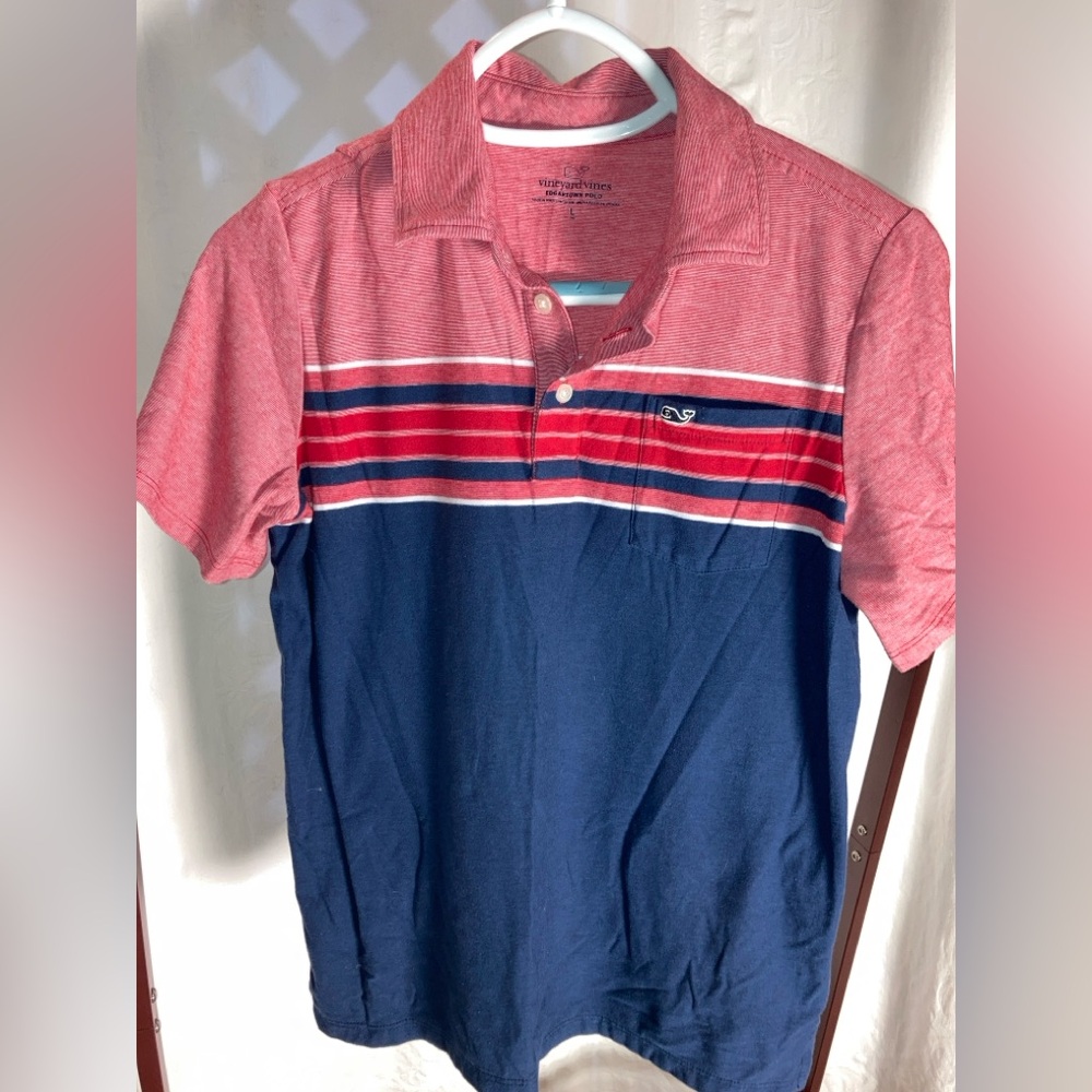 Vineyard Vines boy's size L navy & red striped classic whale logo polo